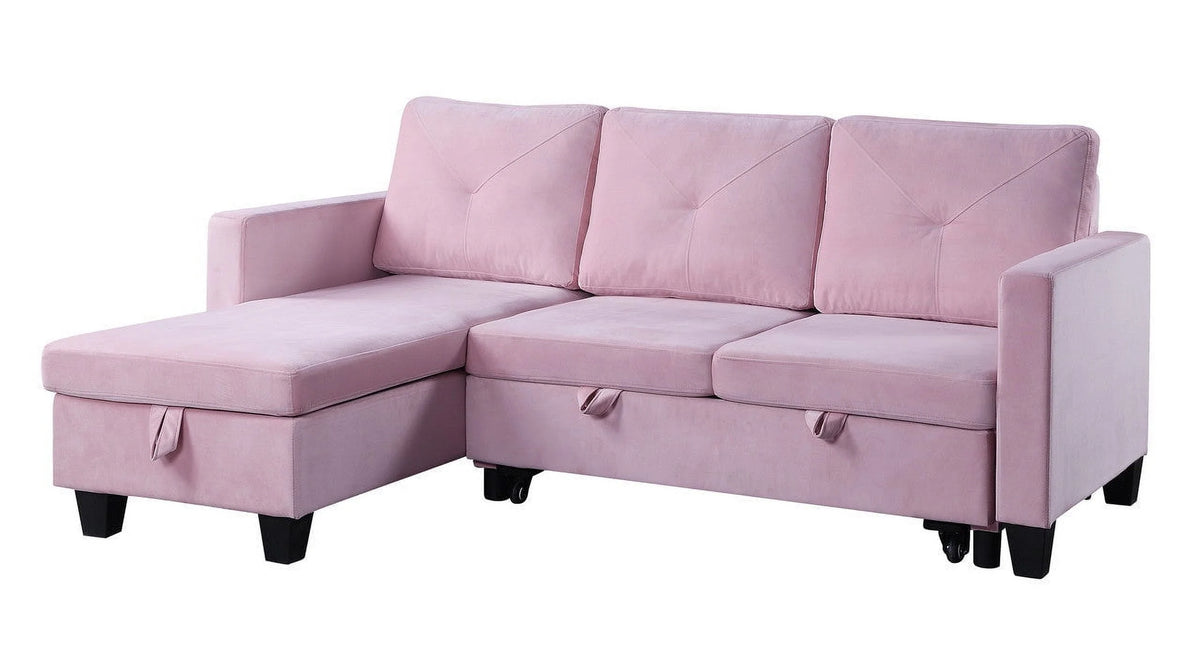 Pink Velvet Reversible Sleeper Sectional Sofa with Storage A1372
