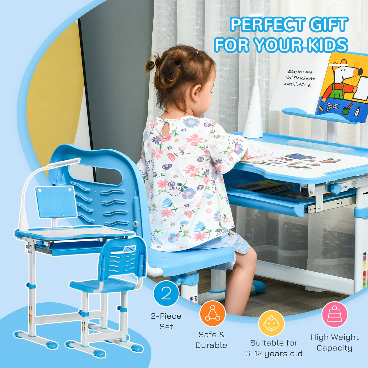 Kids Table and Chair Set with USB Lamp and Storage Drawer, Blue and White C889248