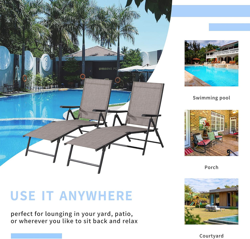 Outdoor Lounge Chairs Set of 2, Lightweight Folding Reclining Texilene Patio Chair with Adjustable Backrest G54239