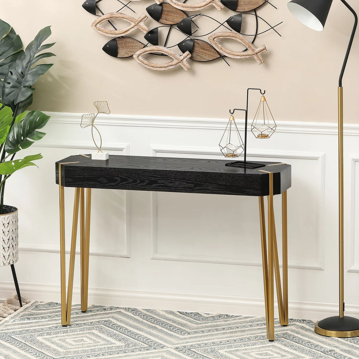 Black Wood and Gold Metal Console Table Q647519