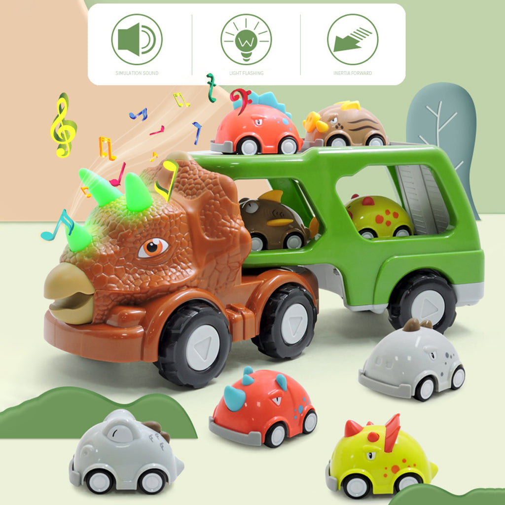 Double-decker Dinosaur Car Toy Transport Carrier Truck with 8 Small Pull Back Dino Car Friction Power Vehicle O35317