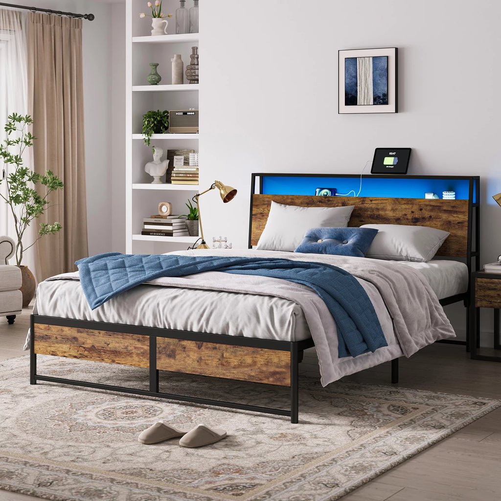 Full Size Metal Platform Bed Frame with Headboard and Storage Shelves C135