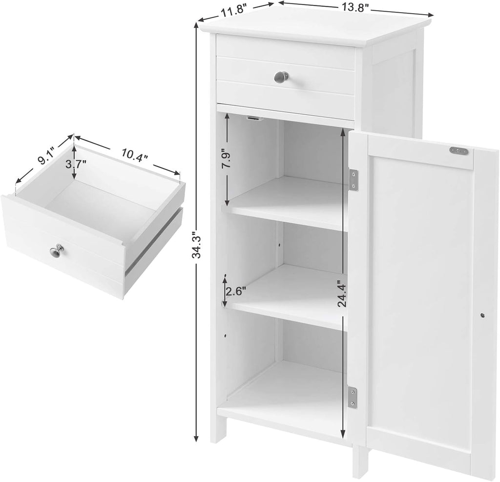 White Wooden Bathroom Floor Cabinet with Drawer and Adjustable Shelf B677580