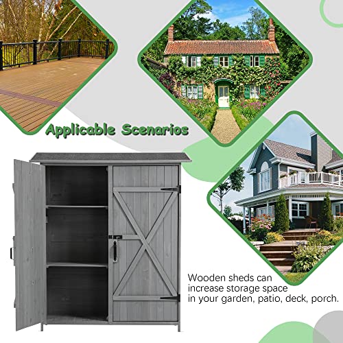 Outdoor Wood Storage Cabinet with Waterproof Roof and Detachable Shelves N69345