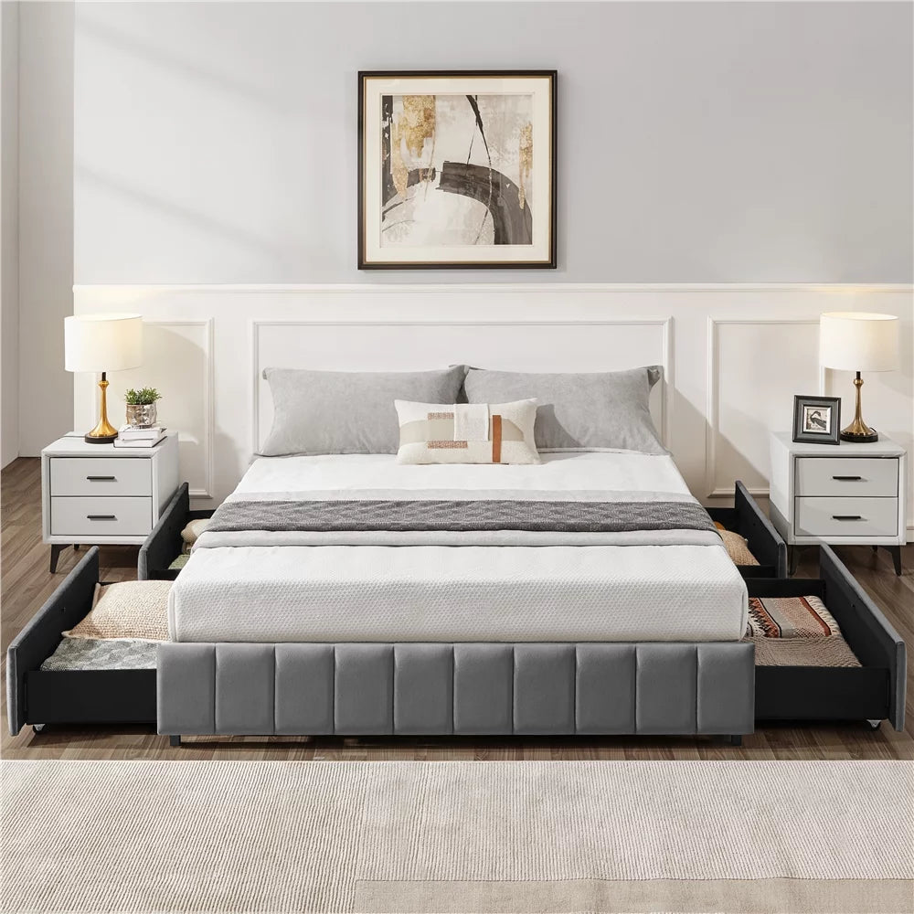 Queen Size Upholstered Bed Frame with 4 Storage Drawers, Beige T202040