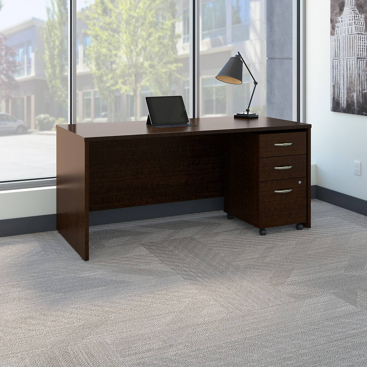 Mocha Cherry Office Desk with Mobile File Cabinet L71759