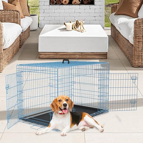 48 Inch Folding Metal Wire Dog Crate with Divider Panel and Leak-Proof Plastic Tray, Black E314020