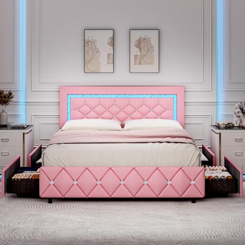 Queen Size Upholstered Platform Bed with Storage Drawers Q541957