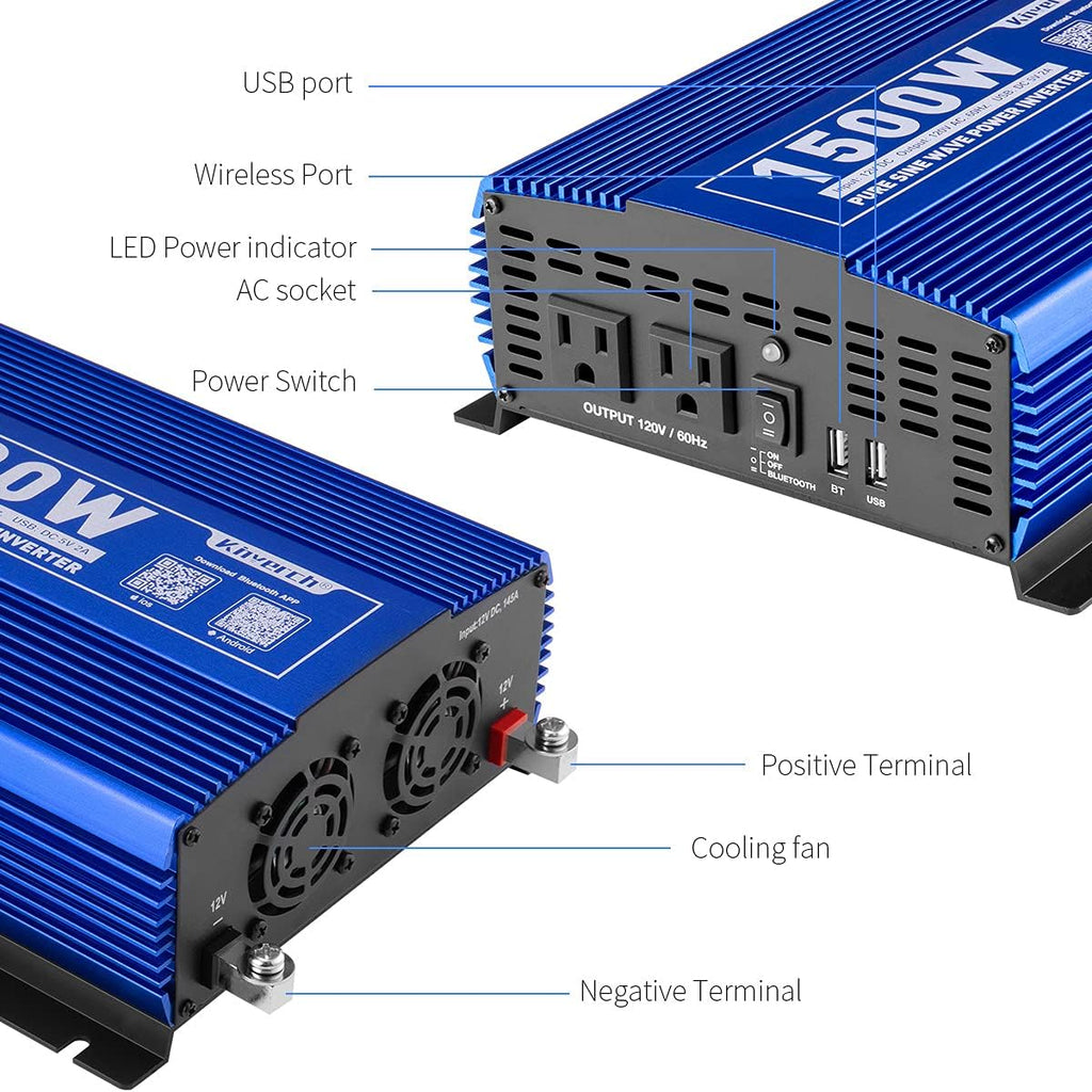 1500W Pure Sine Wave Power Inverter 12V DC to 110V AC with Bluetooth F128815