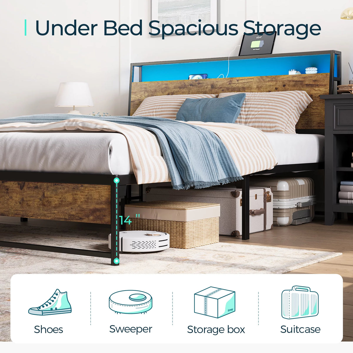 Full Size Metal Platform Bed Frame with Headboard and Storage Shelves C135