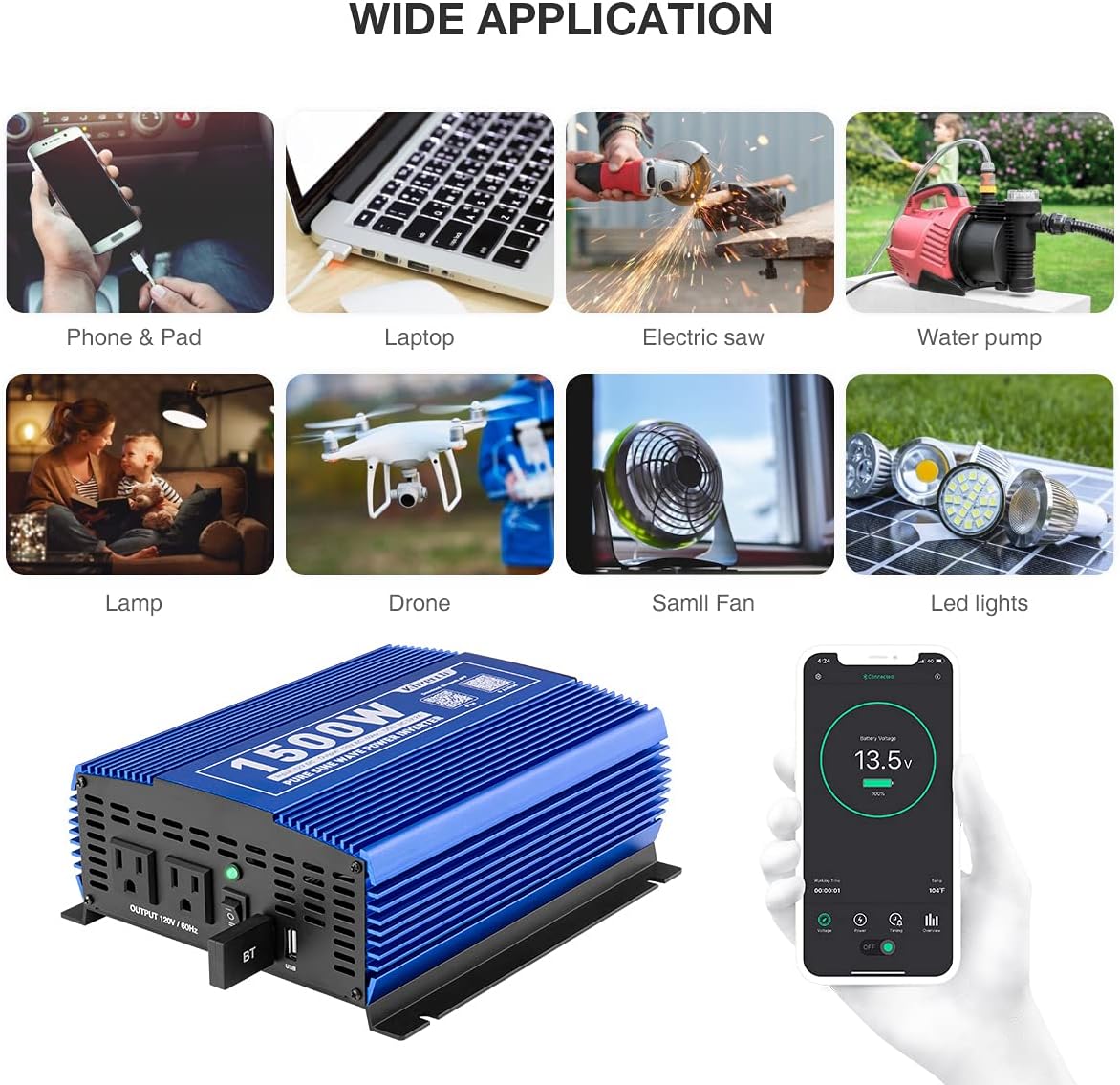 1500W Pure Sine Wave Power Inverter 12V DC to 110V AC with Bluetooth F128815
