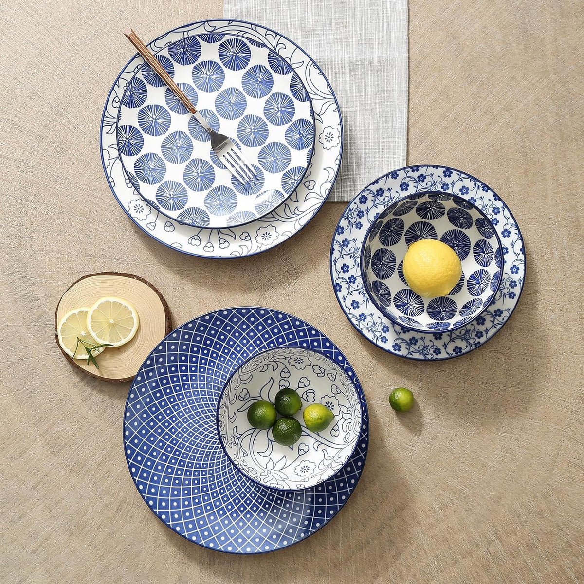 16 Pieces Ceramic Dinnerware Set with 8 Inch Rectangular Salad Plates, Blue K84848
