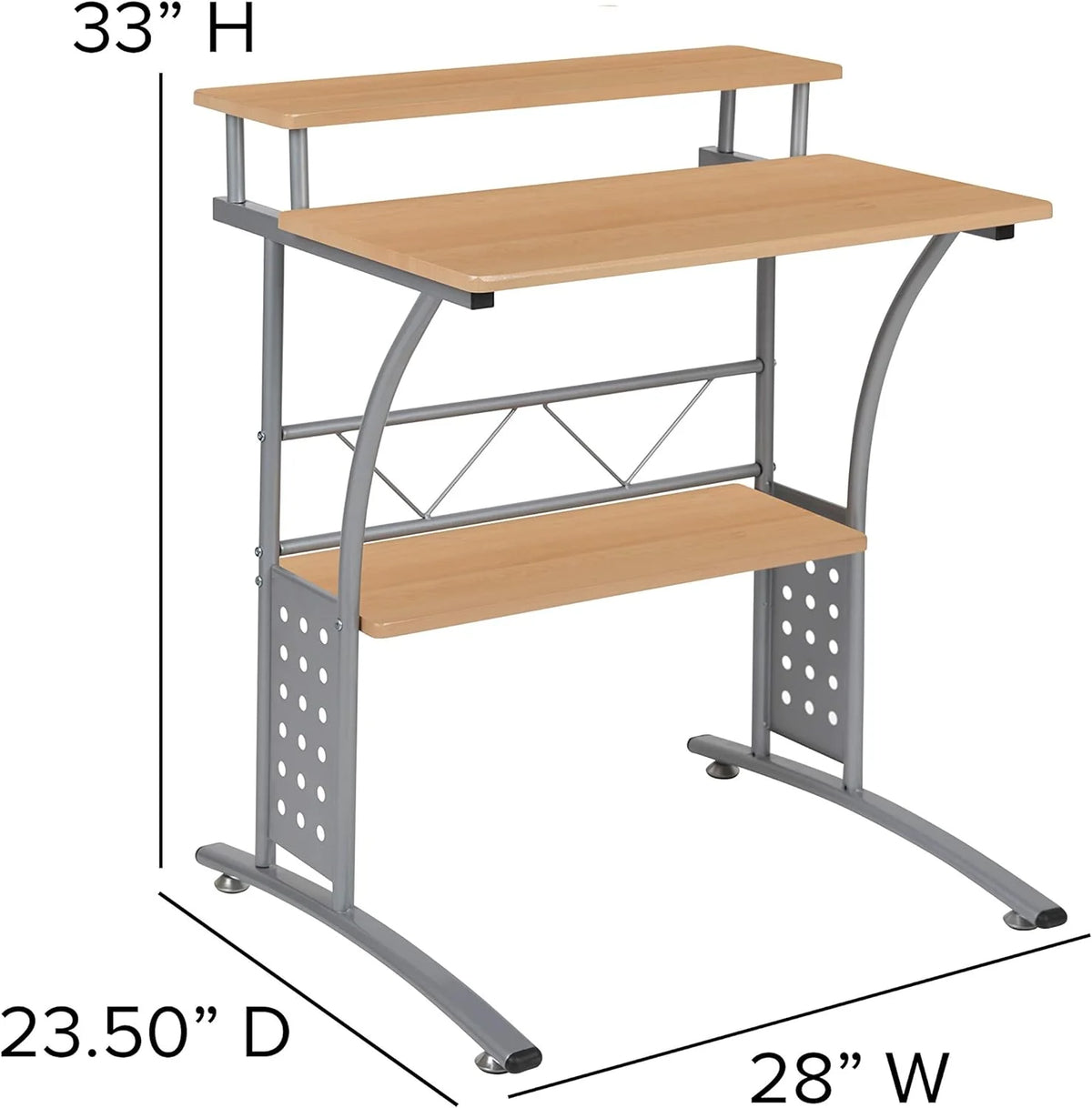 Black Silver Steel Frame Small Computer Desk with Raised Monitor Platform and Lower Storage Shelf L85534