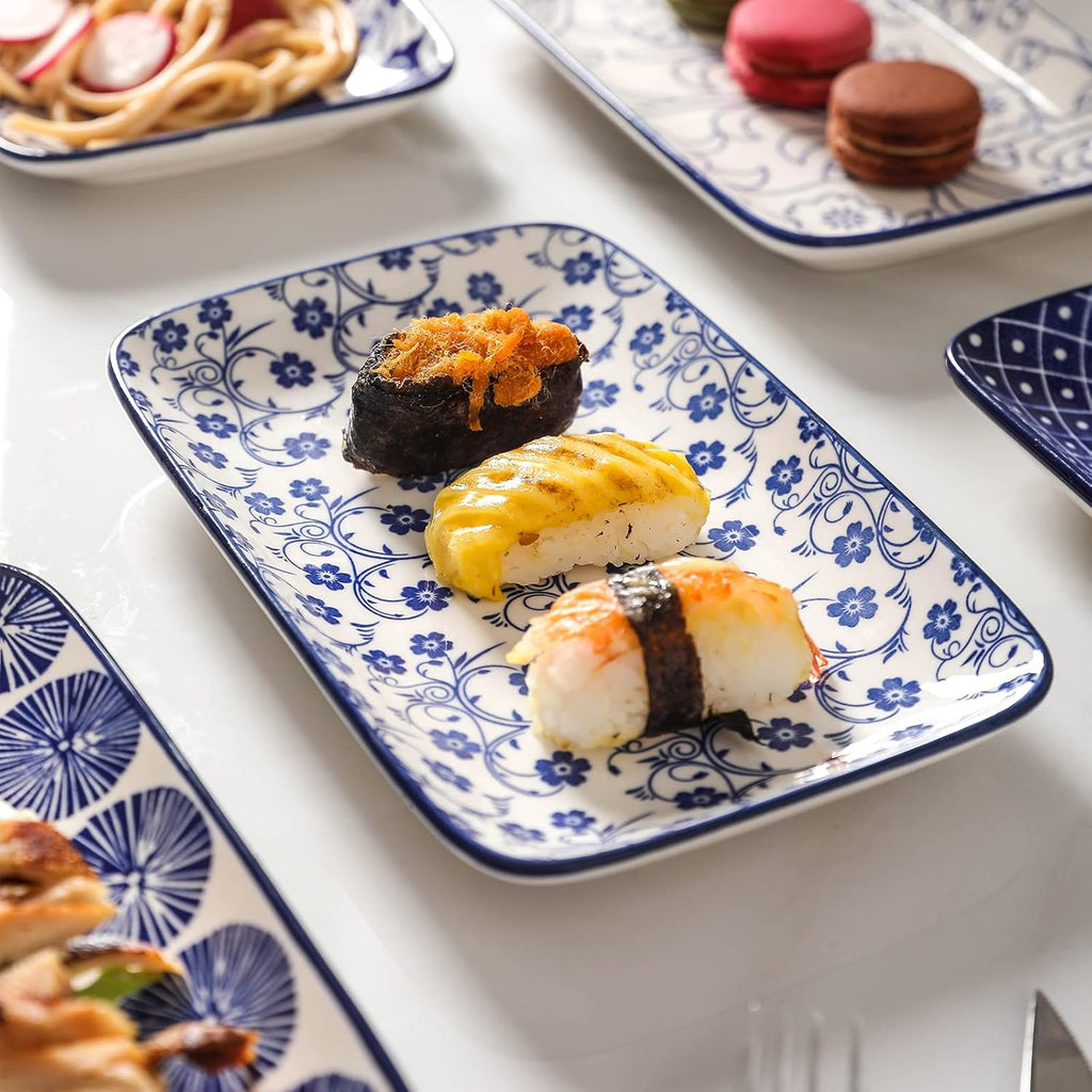 16 Pieces Ceramic Dinnerware Set with 8 Inch Rectangular Salad Plates, Blue K84848