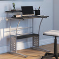 Black Silver Steel Frame Small Computer Desk with Raised Monitor Platform and Lower Storage Shelf L85534