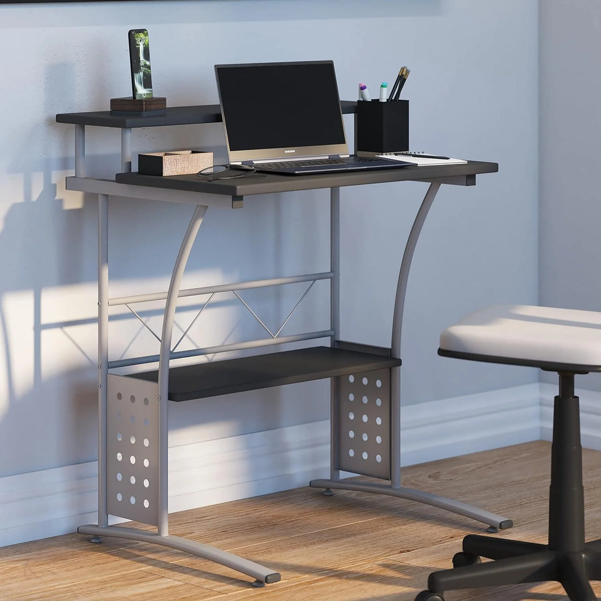 Black Silver Steel Frame Small Computer Desk with Raised Monitor Platform and Lower Storage Shelf L85534