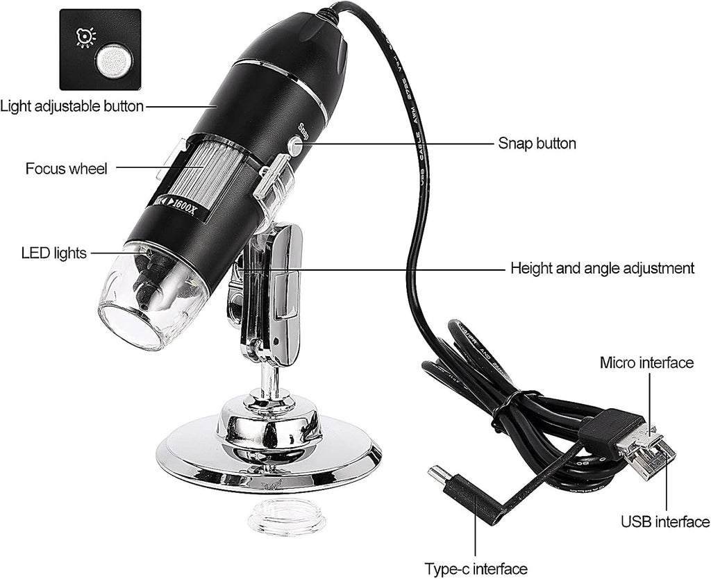 3 in 1 USB Digital Microscope 1600X Handheld with Rotating Base and 8 LED Lights Y345