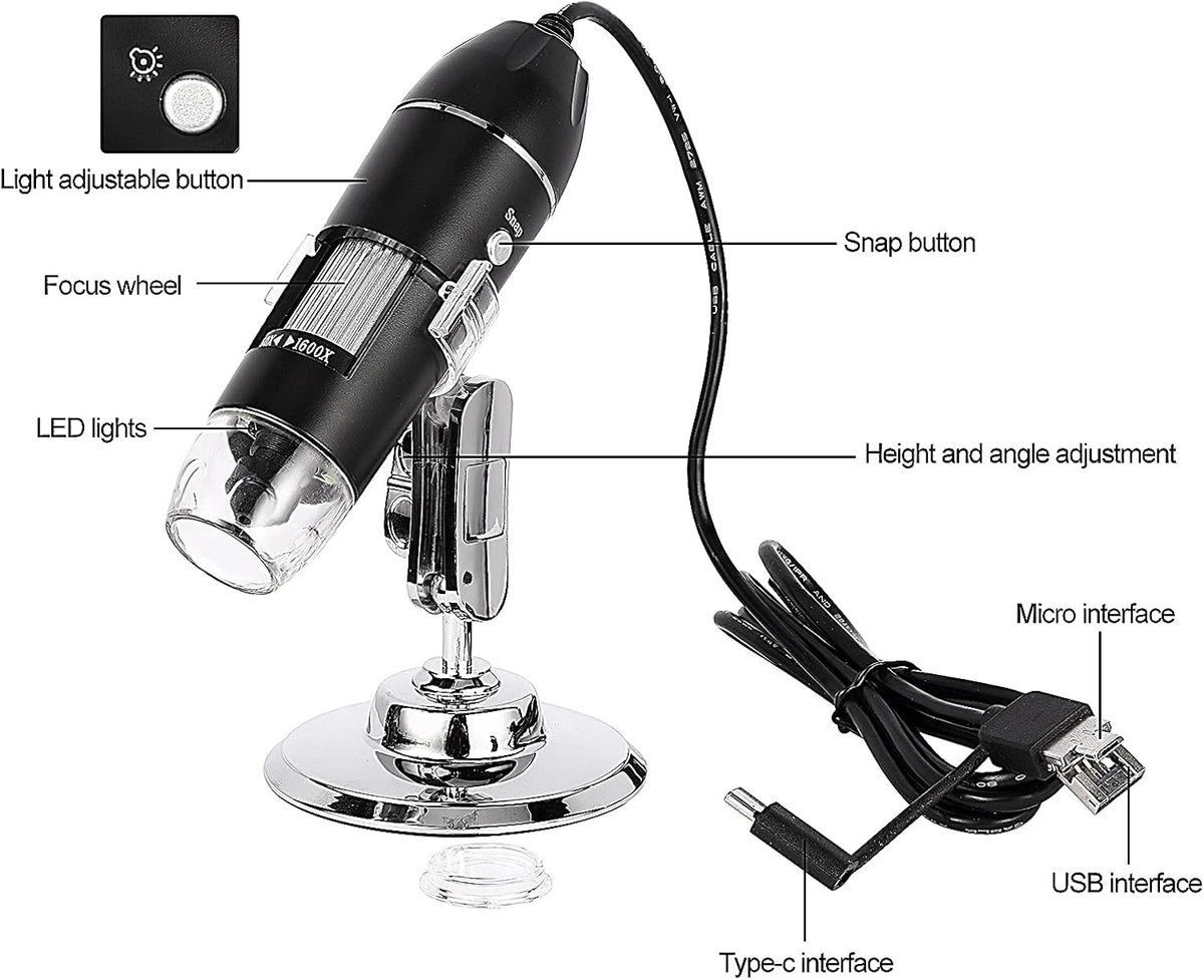 3 in 1 USB Digital Microscope 1600X Handheld with Rotating Base and 8 LED Lights Y345