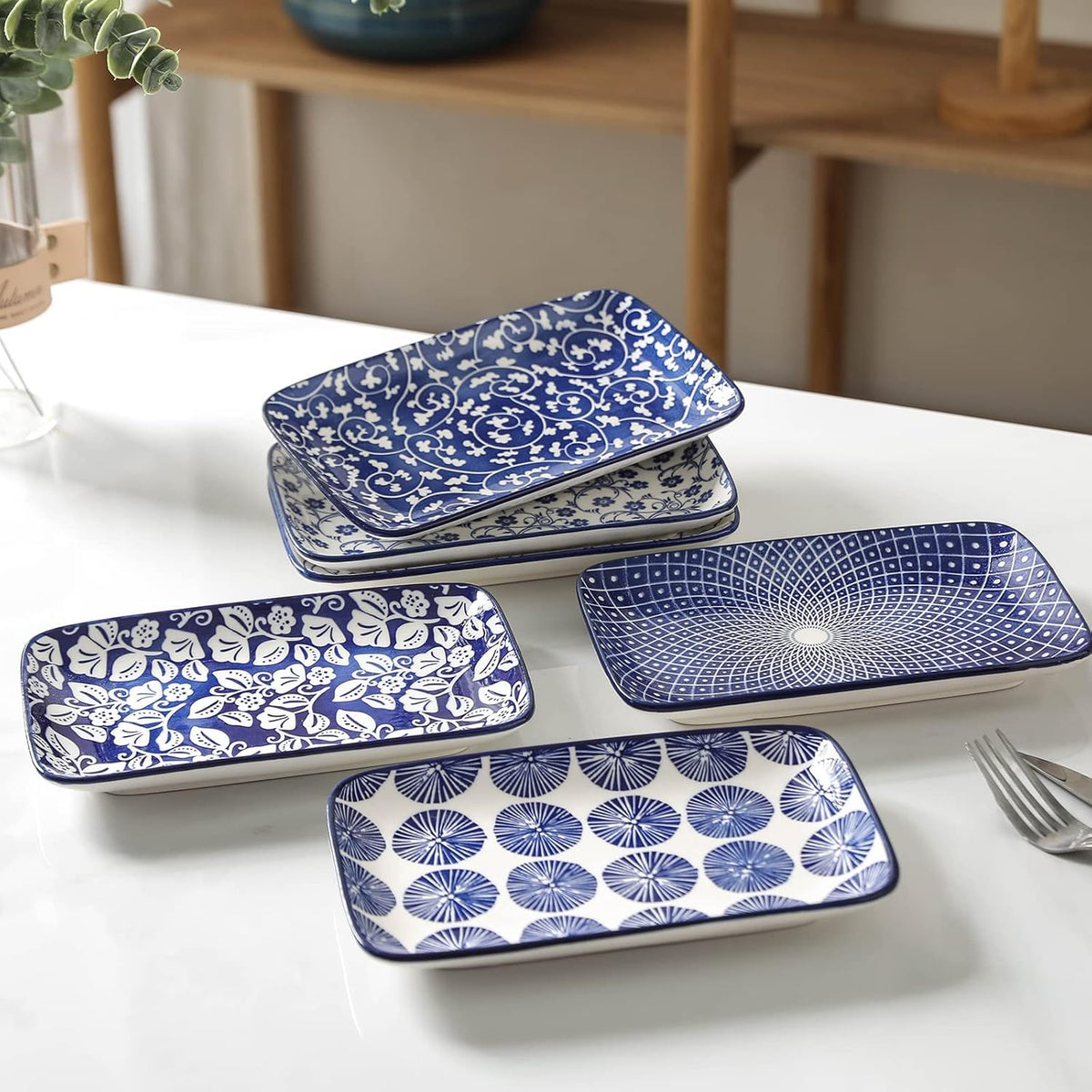 16 Pieces Ceramic Dinnerware Set with 8 Inch Rectangular Salad Plates, Blue K84848