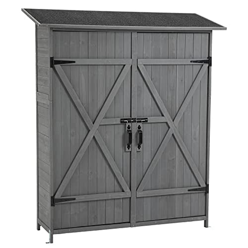 Outdoor Wood Storage Cabinet with Waterproof Roof and Detachable Shelves N69345