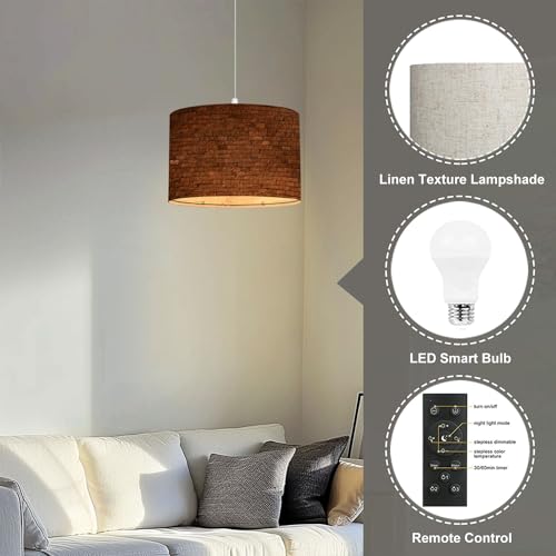 Linen Lampshade Plug in Pendant Light with Dimmable Switch J44607