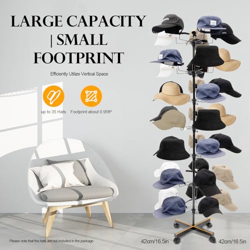 7-Tier Rotating Hat Display Rack, 35 Hooks Metal Freestanding Black Floor Rack N4902