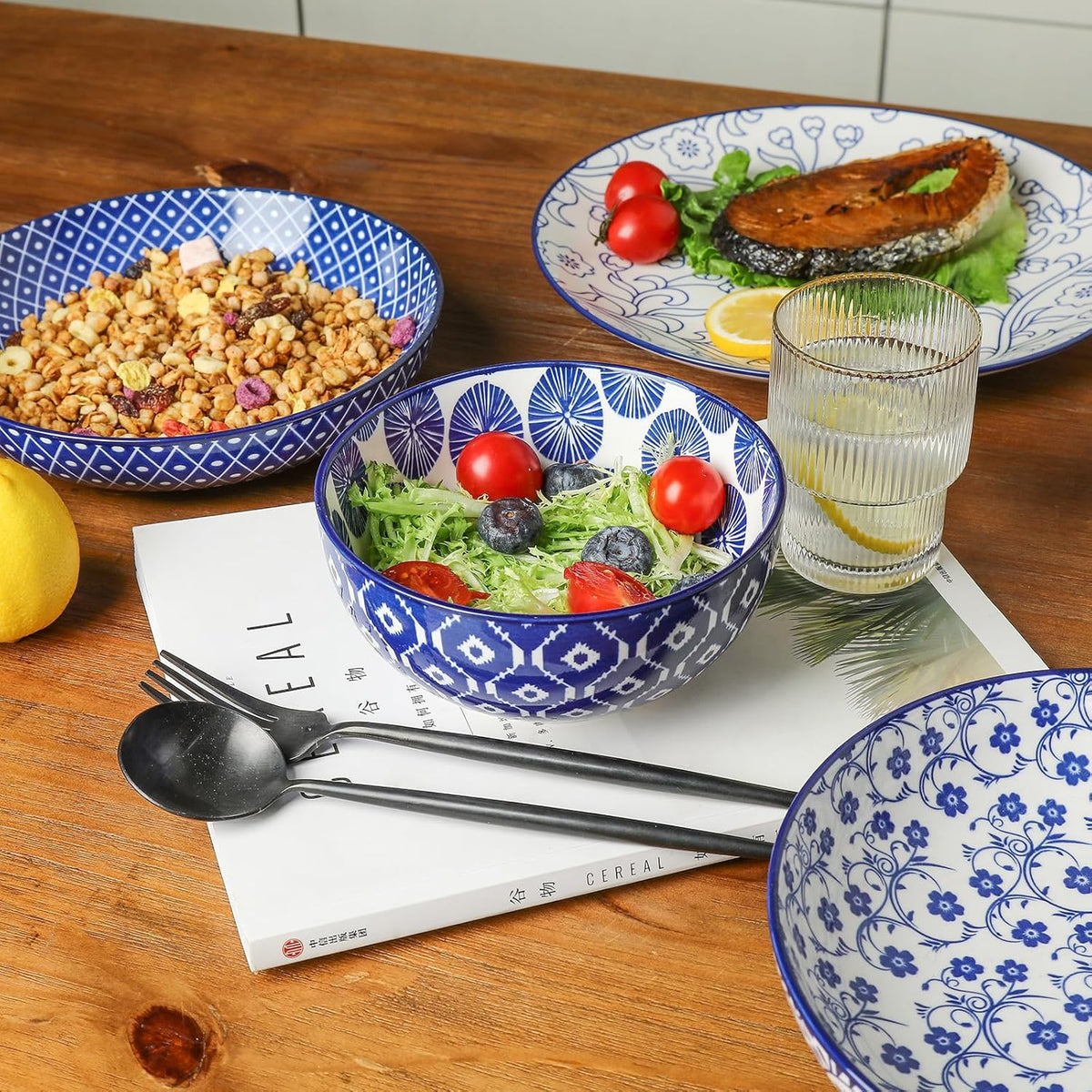 16 Pieces Ceramic Dinnerware Set with 8 Inch Rectangular Salad Plates, Blue K84848