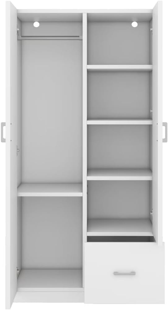White 2 Door Wood Wardrobe with 5 Fixed Shelves and Hanging Rod X33365