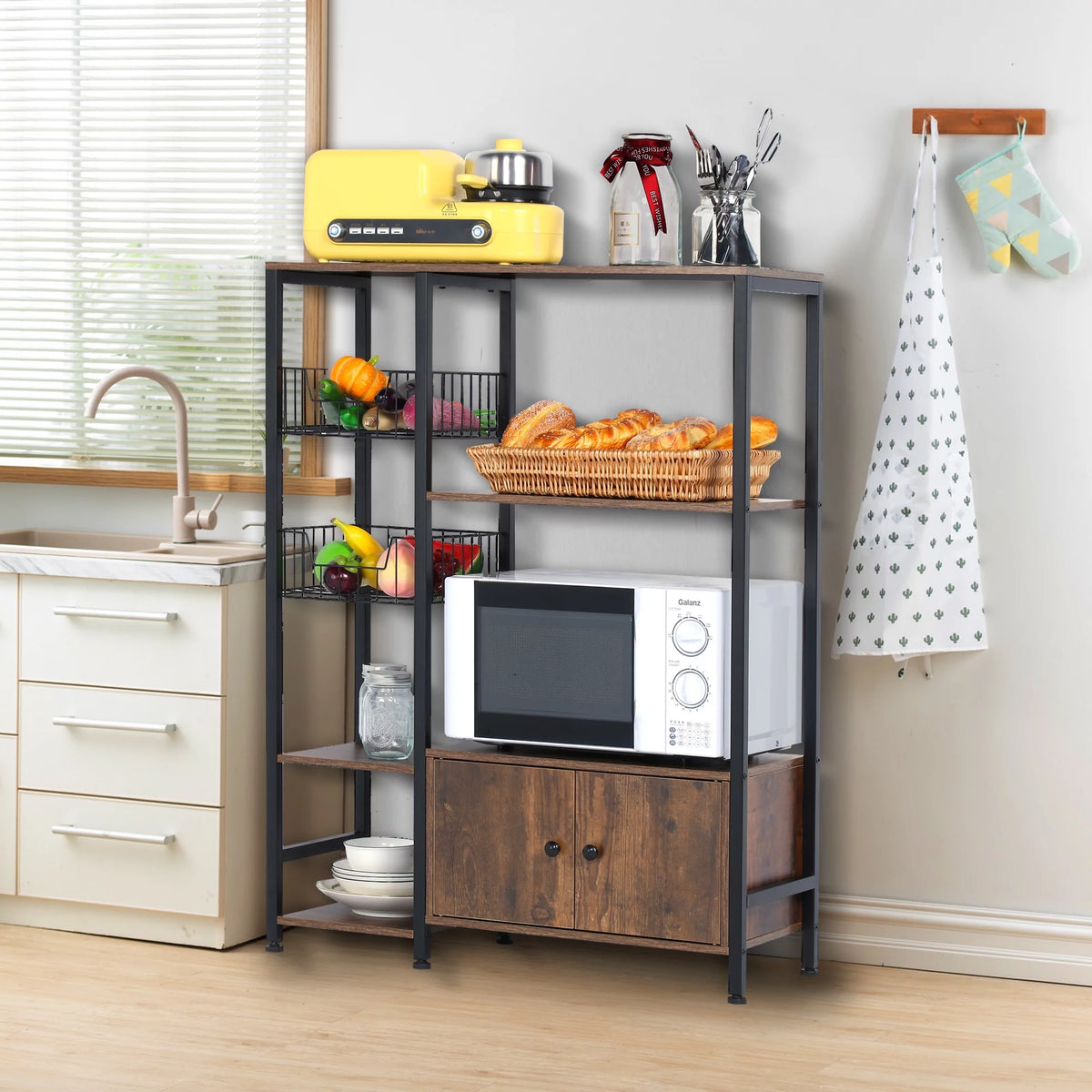 5-Tier Wood Brown Kitchen Bakers Rack with Cabinet R161