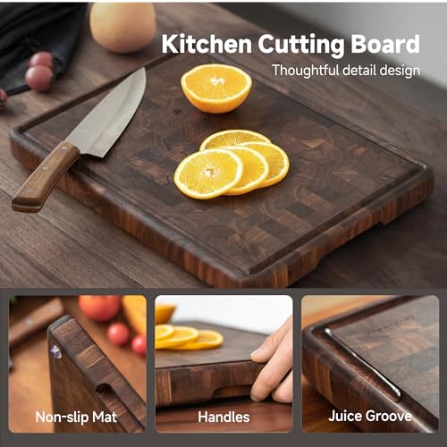 Large End Grain Walnut Wood Cutting Board 20x14 In with Juice Groove Handles L506675