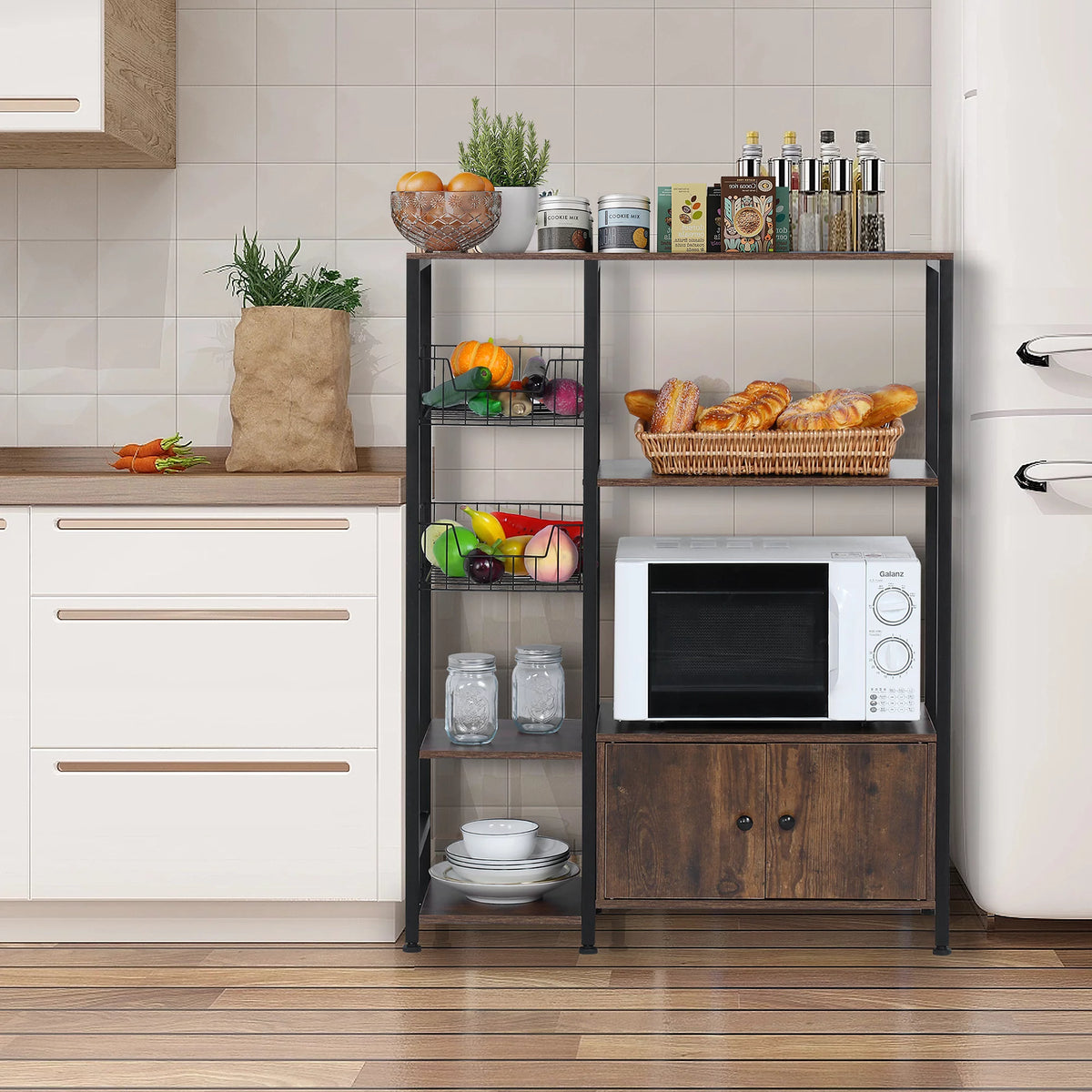 5-Tier Wood Brown Kitchen Bakers Rack with Cabinet R161