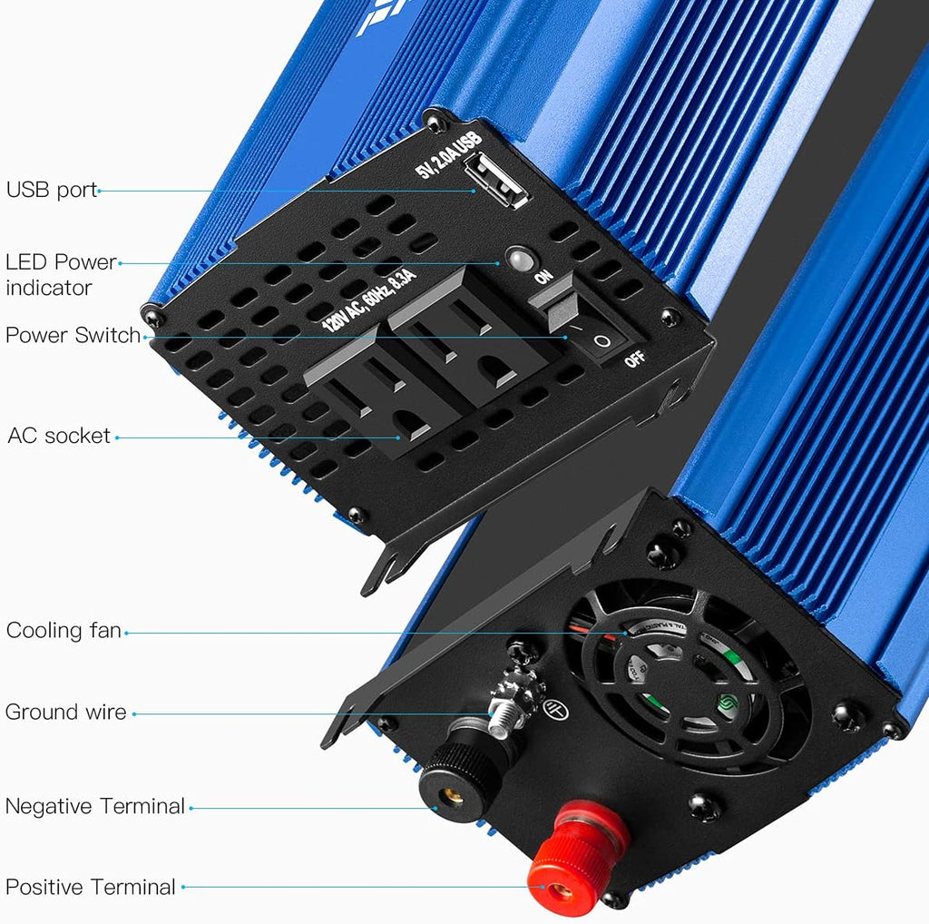 1500W Pure Sine Wave Power Inverter 12V DC to 110V AC with Bluetooth F128815