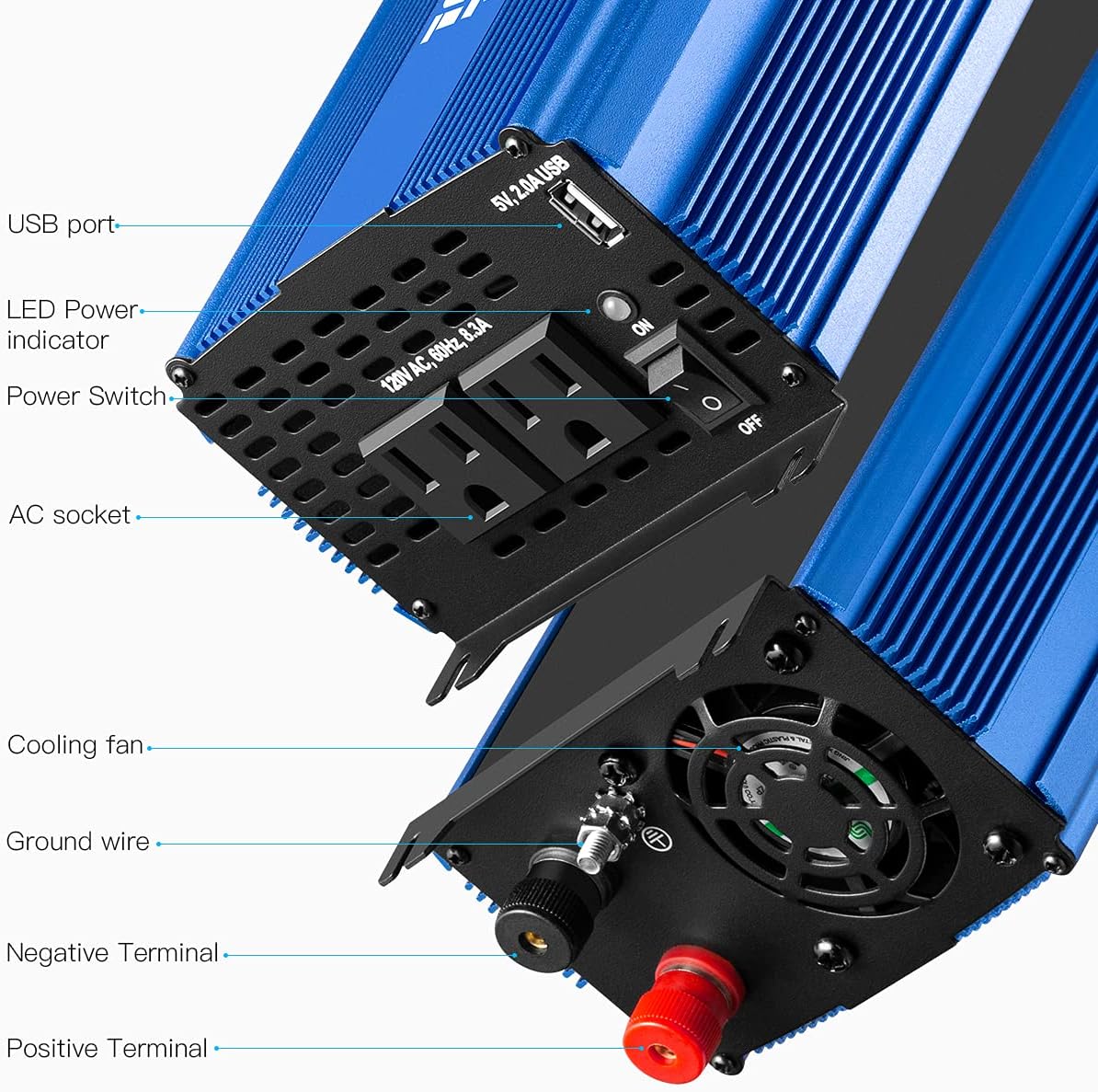 1500W Pure Sine Wave Power Inverter 12V DC to 110V AC with Bluetooth F128815