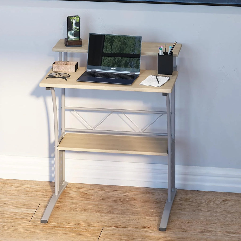 Black Silver Steel Frame Small Computer Desk with Raised Monitor Platform and Lower Storage Shelf L85534