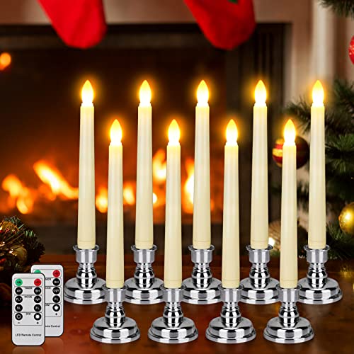 9 Packs White Gold LED Flameless Flickering Taper Candles with Remote Timer O218