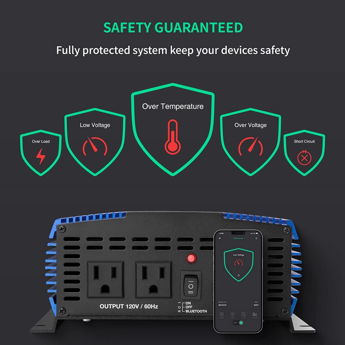 1500W Pure Sine Wave Power Inverter 12V DC to 110V AC with Bluetooth F128815