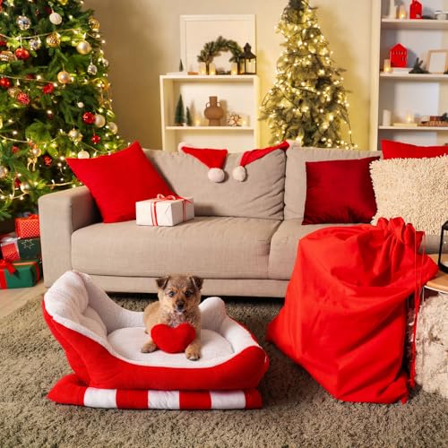 Red White 24x15x11 Inch Plush Synthetic Fur Christmas Dog Bed F484282