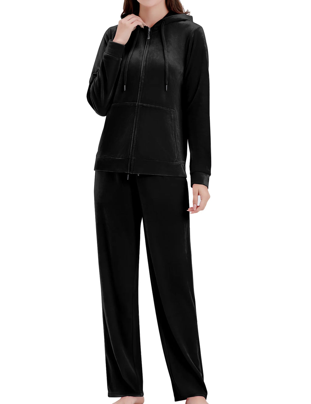 Black Velour 2 Piece Hoodie and Sweatpants Set B506