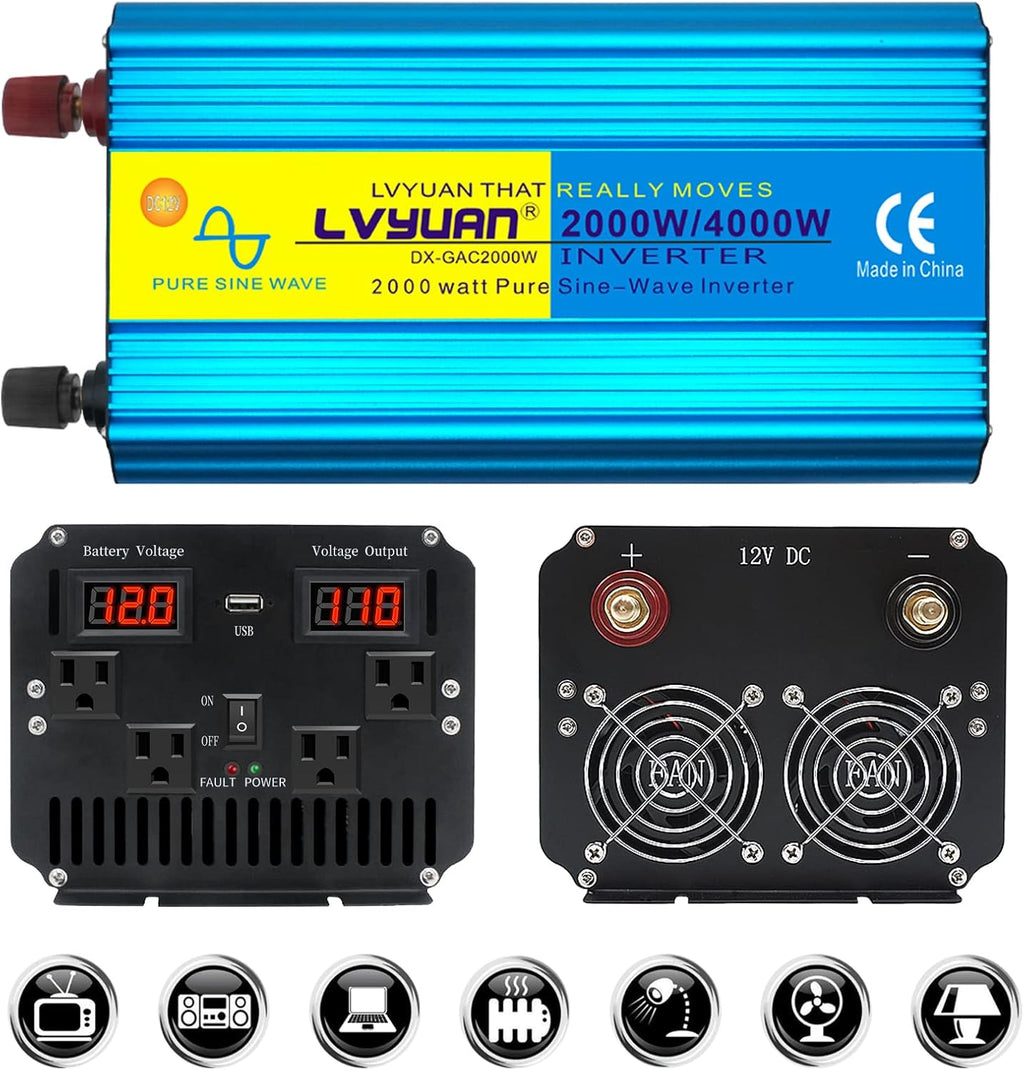 2500W Pure Sine Wave Power Inverter DC 12V to 110V AC S751600