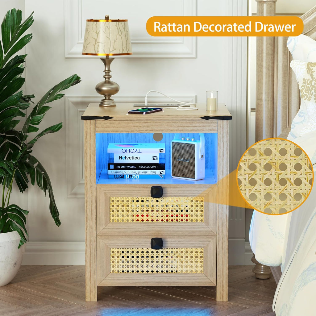 Natural Wood Nightstand Set of 2 with Charging Station P372