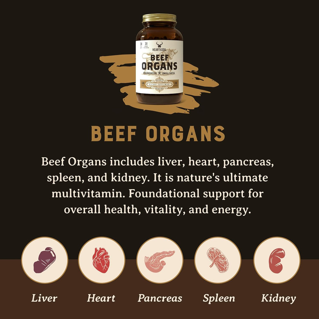 Beef Organs Complex Grass Fed Liver Heart Kidney Pancreas Spleen 180 Capsules B747072