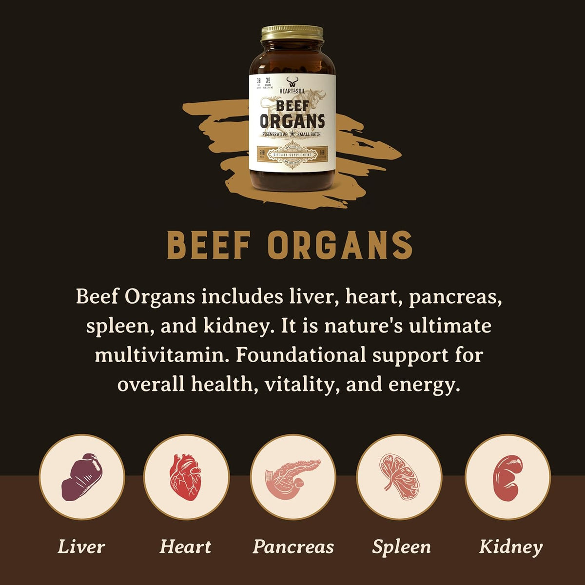 Beef Organs Complex Grass Fed Liver Heart Kidney Pancreas Spleen 180 Capsules B747072