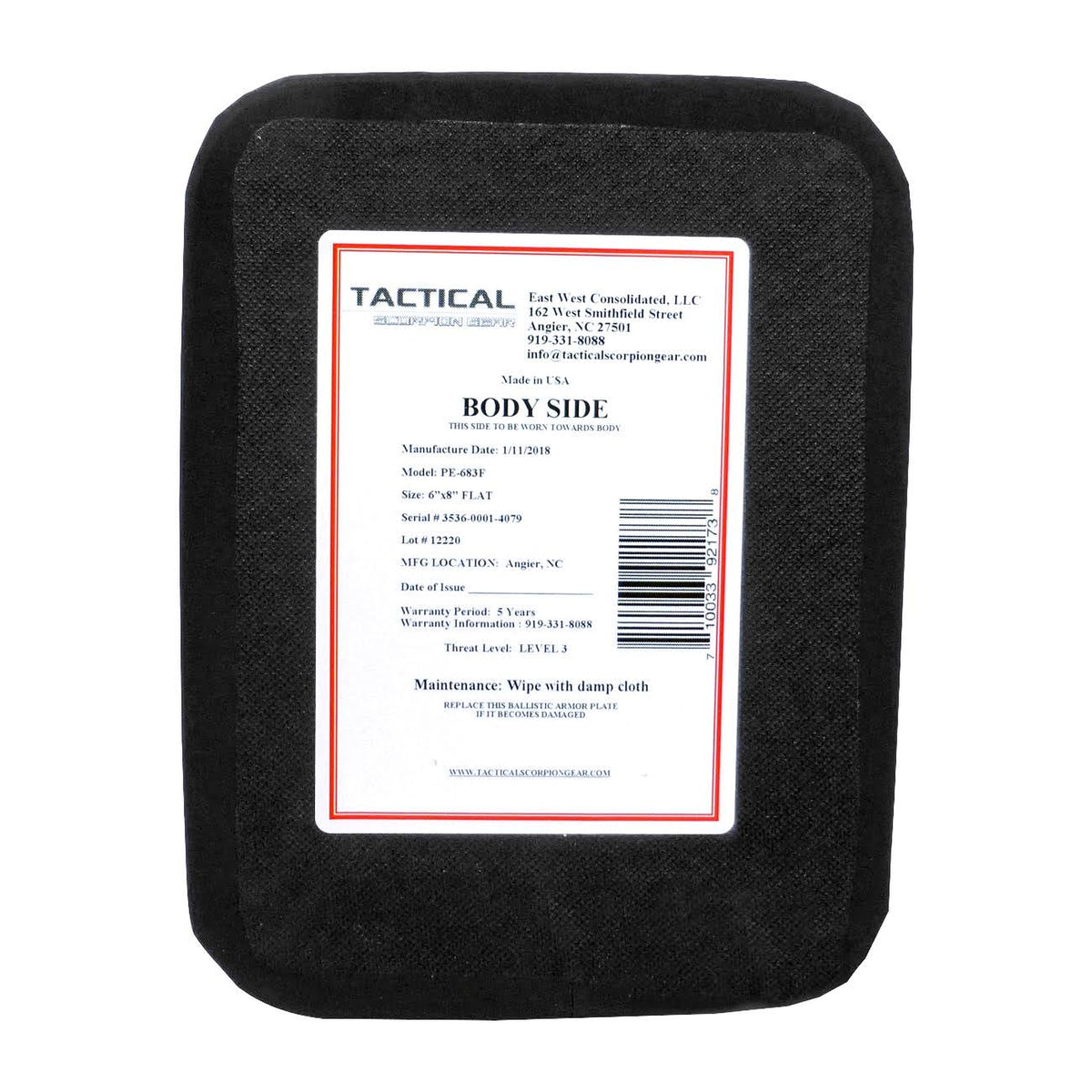 Level III+ PE Polyethylene Single Curve Body Armor 6x8 Plate T551