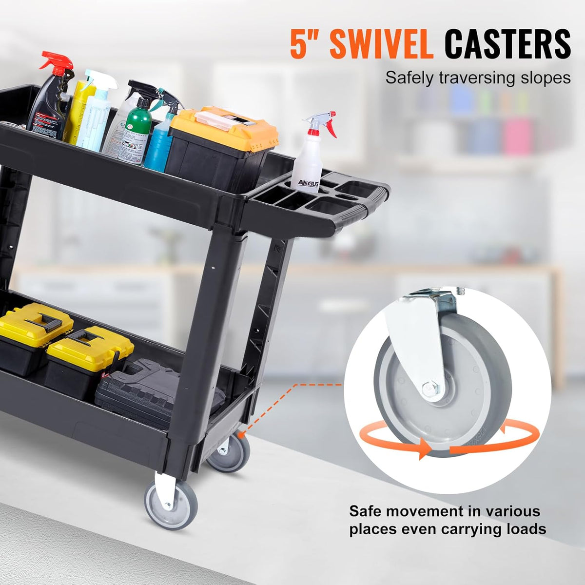 Black 2 Shelf Heavy Duty Plastic Rolling Utility Cart L8120