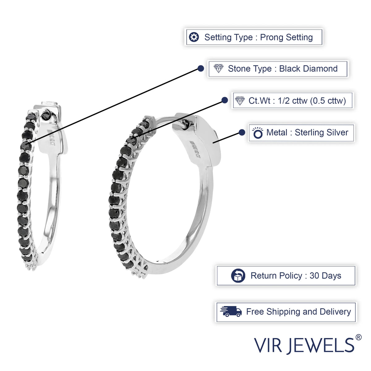 Black Diamond Hoop Earrings .925 Sterling Silver 3/4 Inch Y354391