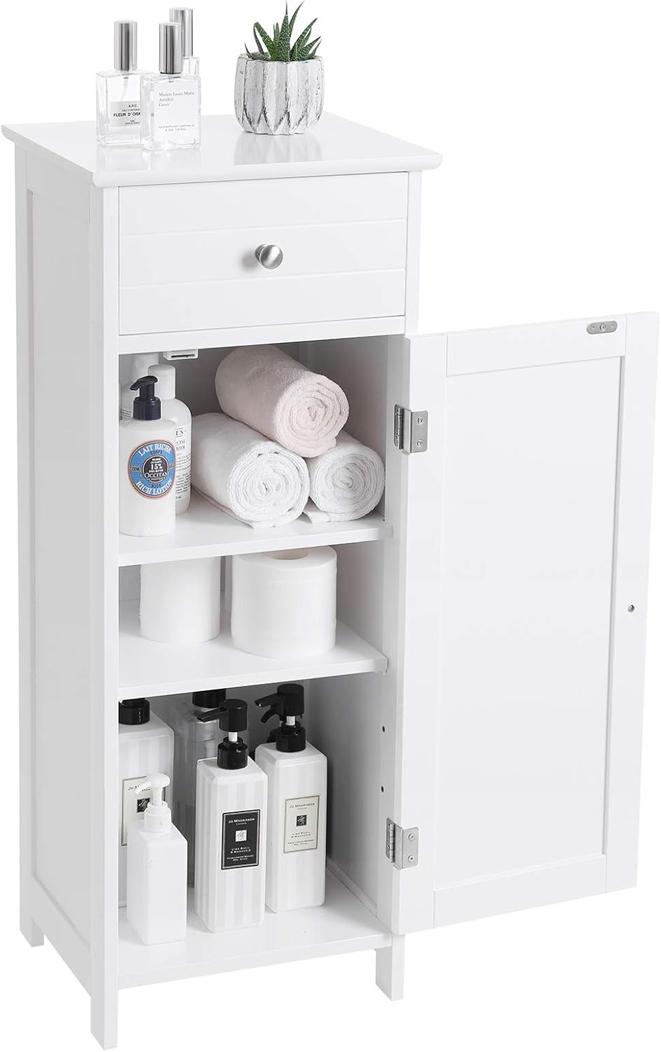 White Wooden Bathroom Floor Cabinet with Drawer and Adjustable Shelf B677580