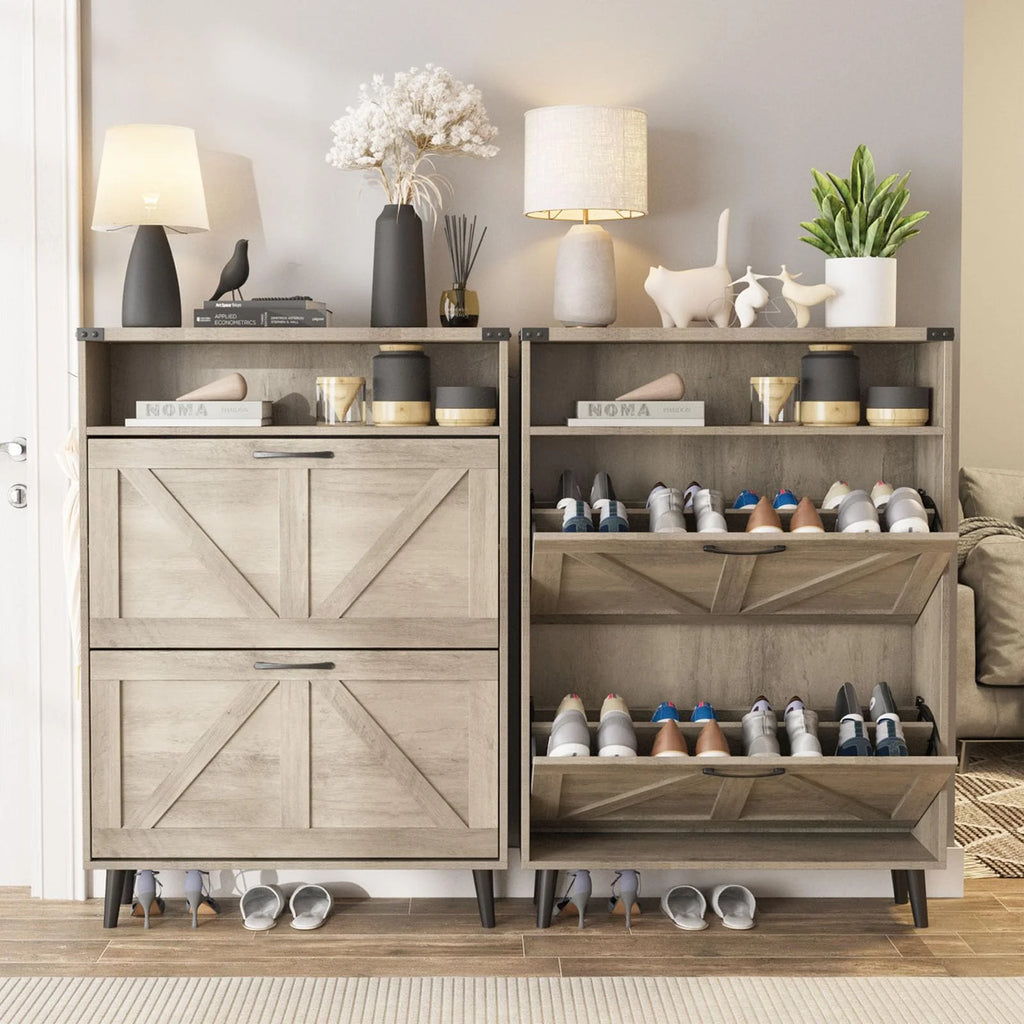 Grey Shoe Cabinet with 2 Flip Drawers S588797