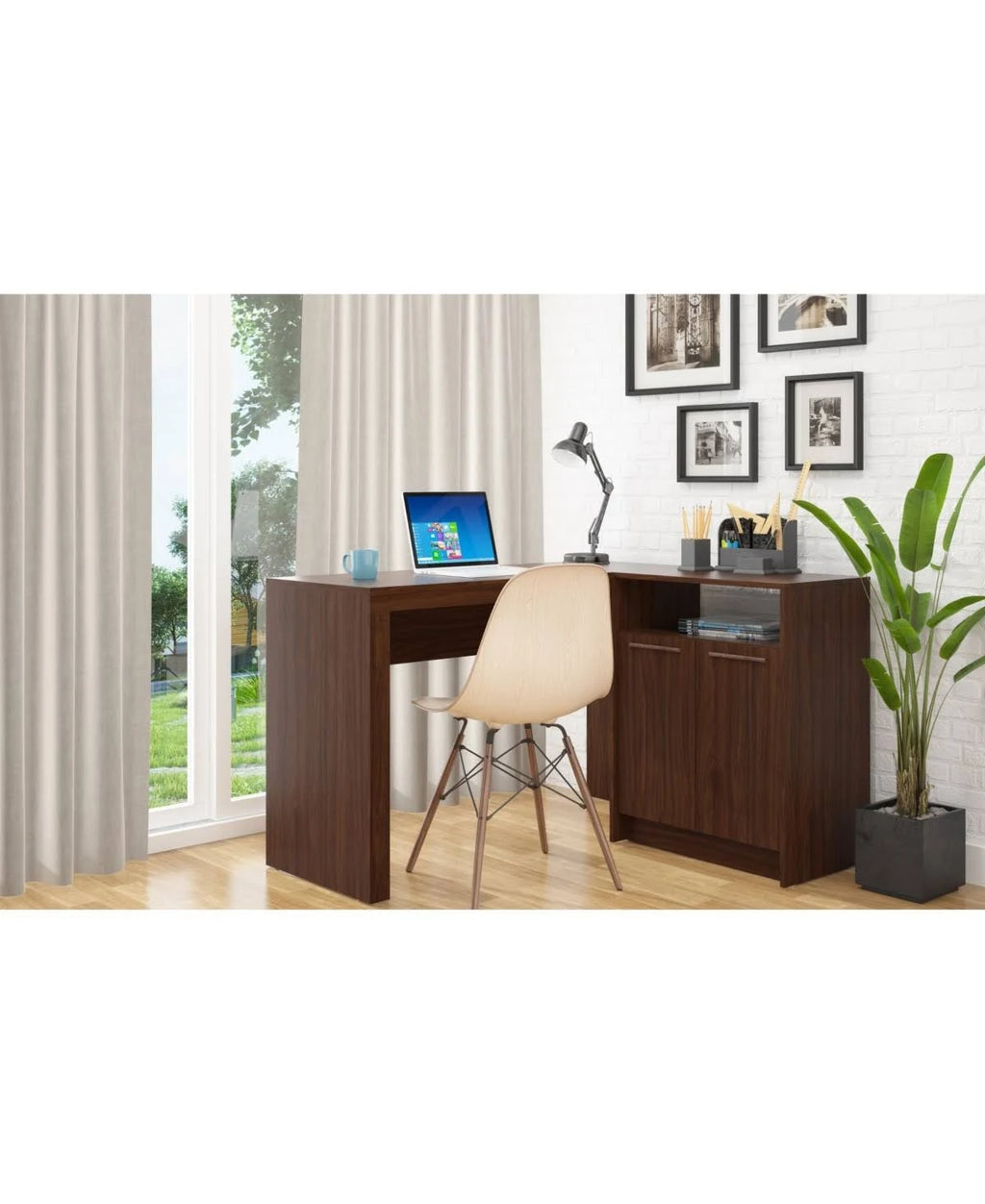 White L-Shaped Office Desk with Cabinet B1015