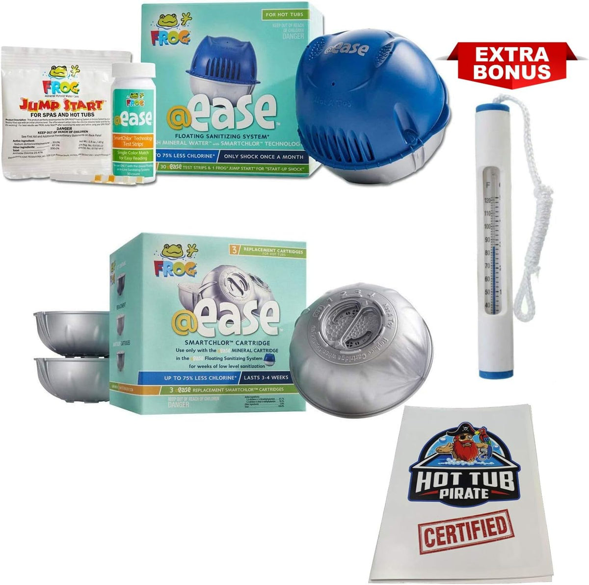Frog @Ease Floating System with 3 Refill SmartChlor Replacement Mineral Cartridges, Jump Start Shock and 30 Test Strips with Bonus White Spa Thermometer U96796