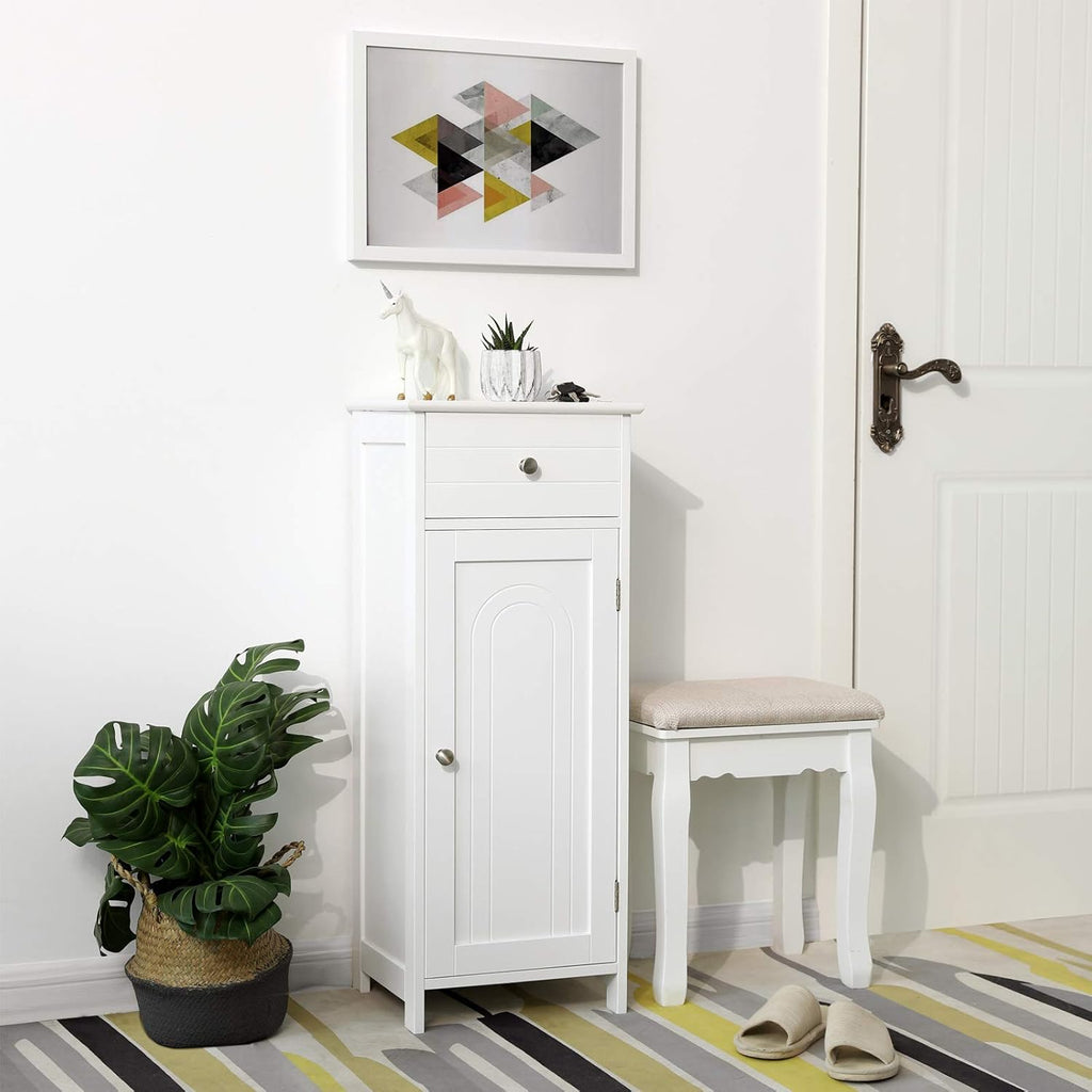 White Wooden Bathroom Floor Cabinet with Drawer and Adjustable Shelf B677580